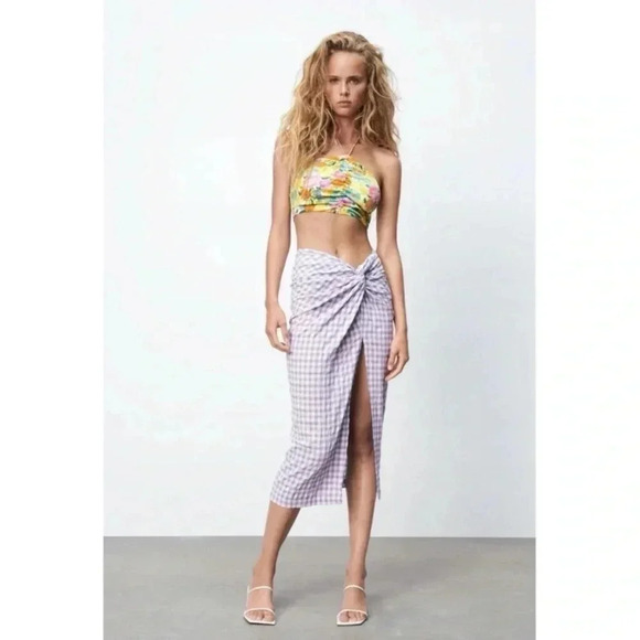 NWT Zara Plaid  Gingham Pastel Twist Front Skirt - Picture 7 of 9